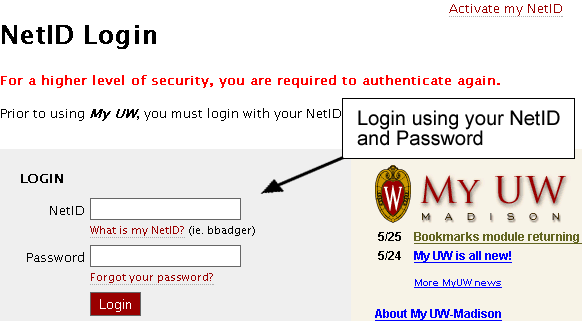 Login Screen in My UW