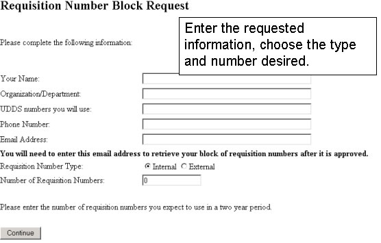 Requisition Number Block Request Screen