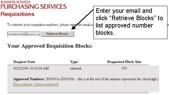 Interface for retrieving approved number blocks