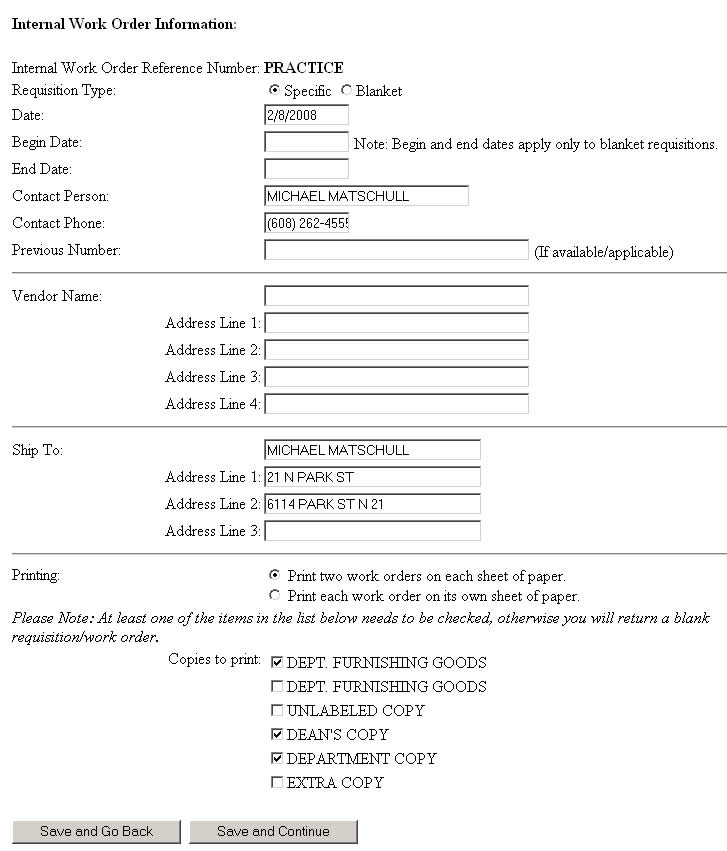 Internal Work Order information entry