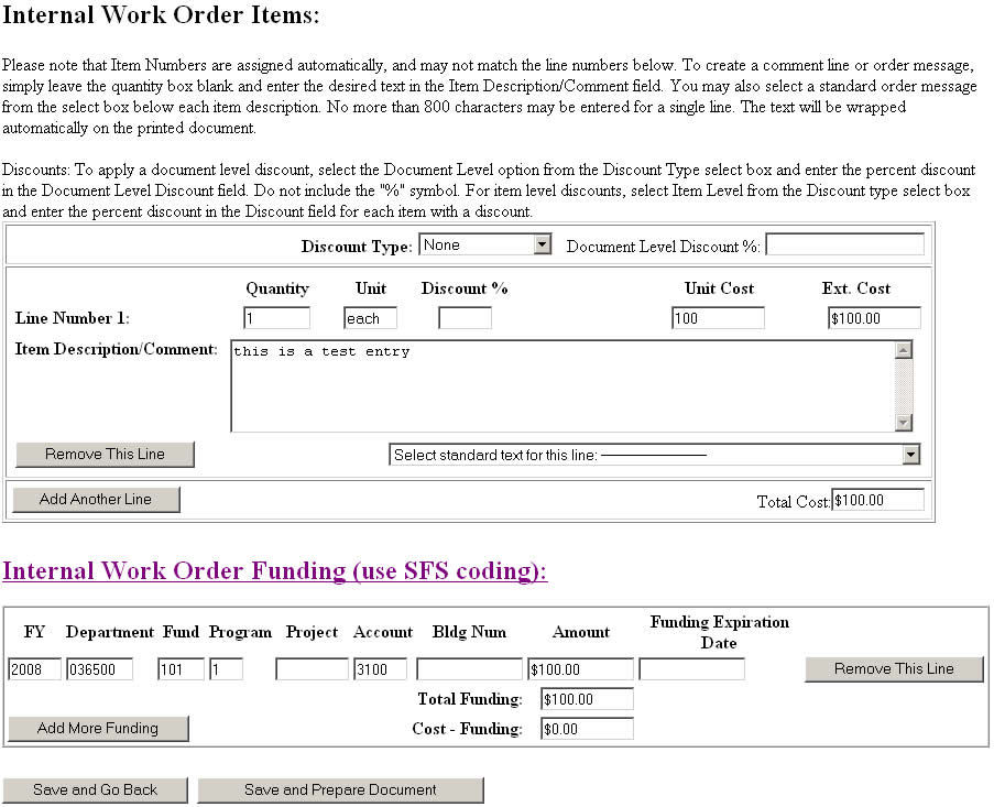 Item and Funding Entry for Work Order